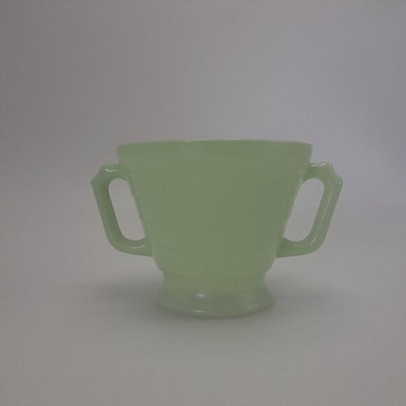 Hazel Atlas Moderntone Platonite Green Sugar Bowl Glass Double Handles - Picture 7 of 10